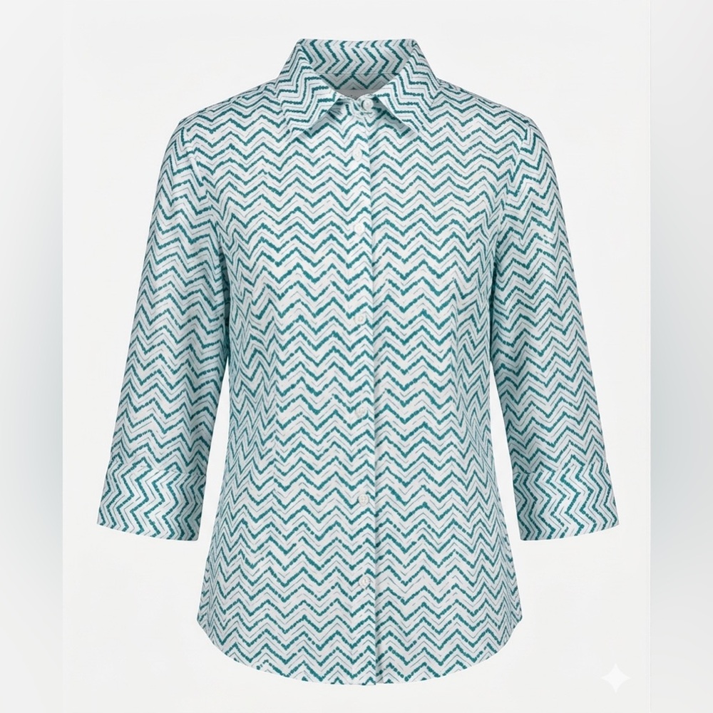 Chico's Teal Geo Print Button Down Shirt Size 2/L (Chicos 2) 100% Cotton NWOT